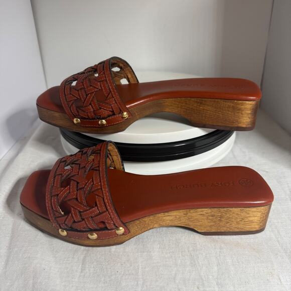 Tory Burch Shoes - Tory Burch Basketweave Brown Leather Wooden Clog Slip On Size 6 medium